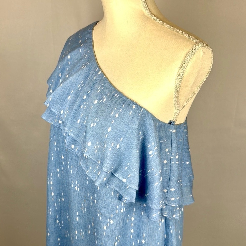 Charles Henry Shift Mini Dress One Shoulder Ruffle Pastel Blue Dot Medium Summer - Picture 6 of 13
